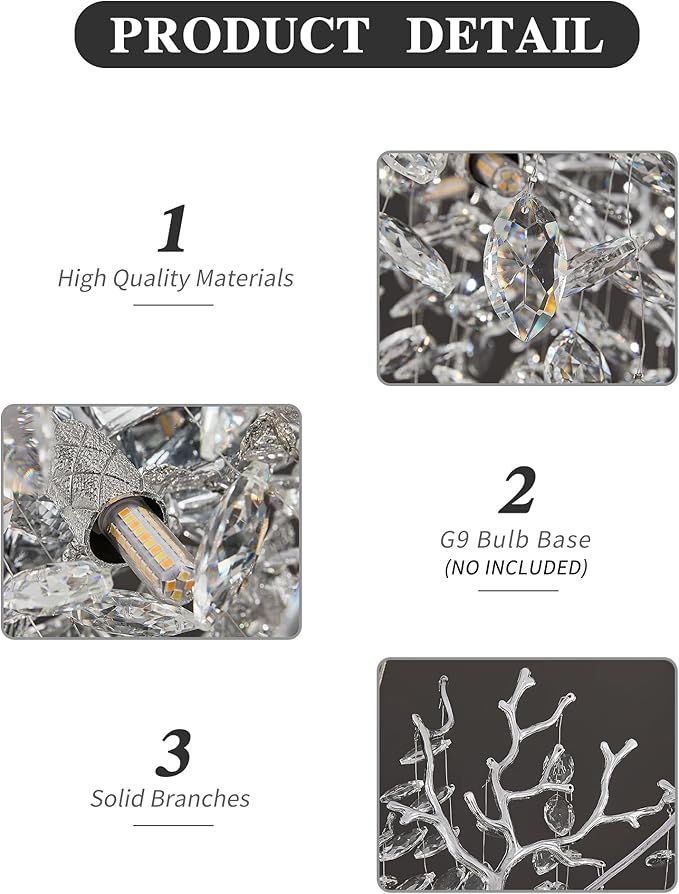 Modern Crystal Chandelier for Dining Room, 31.5" Chrome Tree Branch Chandeliers, 10-Light Luxury K9 Crystal Round Chandeliers for Kitchen Island Living Room