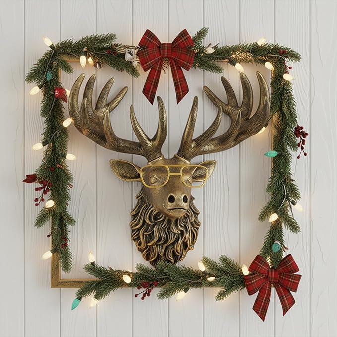 JJALIGHTS Animal Heads Wall Decor Resin Animals Sculptures Head Wall Hanging Decoration Imitation Copper vintage Wall Sculpture for Living Room Bedroom Office(Deer,include metal frames)