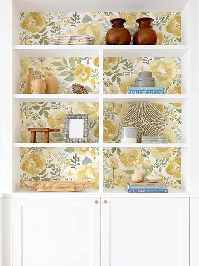 Orainege Floral Wallpaper Peel and Stick Wallpaper 16.9inx118.1in Self Adhesive Wallpaper Boho Contact Paper Removable Decorative Wall Paper for Bedroom Bathroom Shelf Liner Decor Vinyl,Yellow
