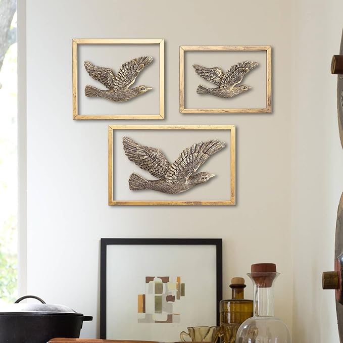 Newinhome Golden Seagull - Handcrafted Resin Bird Figurines Set of 3,Herring Gull Elegant Home Decor for Shelf/Tabletop/Mantel, Wedding Gift & Anniversary Present