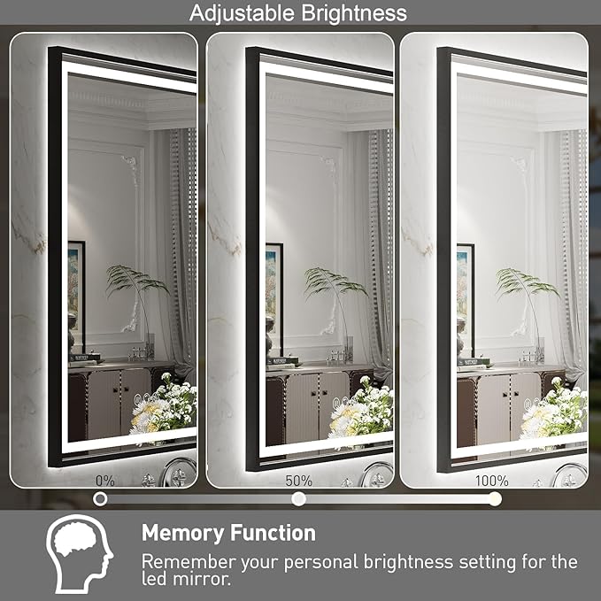 48x36 Inch LED Bathroom Mirror with Lights, Frontlit & Backlit Black Metal Frame Wall Mounted Lighted Vanity Mirrors, Double Lights Strips,Anti Fog Dimmable & 3 Colors Temperature