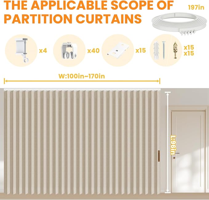 100% Blackout Room Divider Curtains Ceiling Curtain Track Sets Flexible Track Curtain Extra Wide(Beige, W180 x L96, 1 Pack)