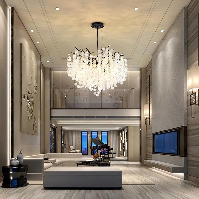 24-Inch Black Tree Branch Chandelier, 8-Light Modern Coastal Chandelier, Round Crystal Dining Room Light Fixtures for Foyer Entryway Stairwell, Bathroom Chandeliers Over Tub, E12