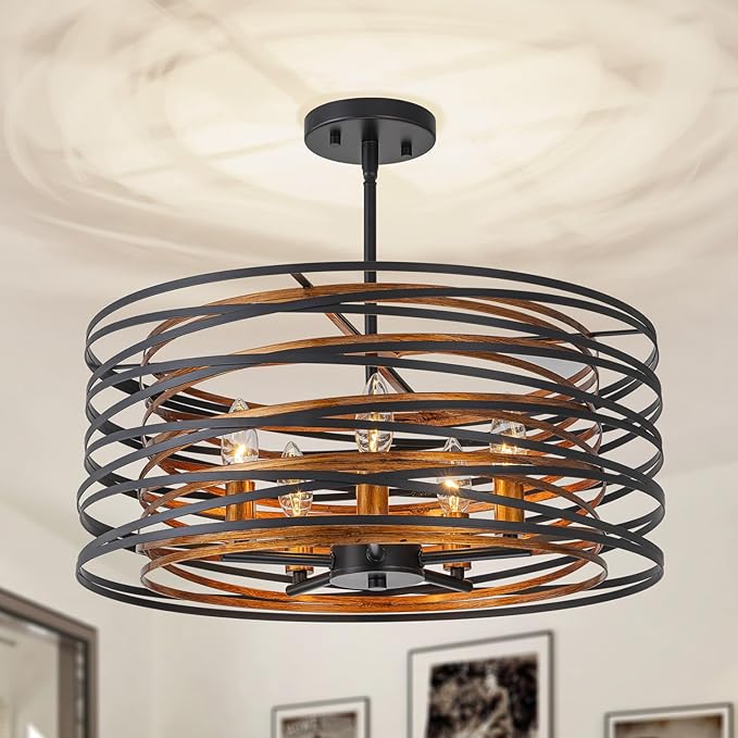 5-Light Farmhouse Drum Chandeliers, 2-Tiers Pendant Light Fixture for Dining Room, Living Room, Bedroom, Adjustable Height 17~47", Wood Texture & Matte Black Finish