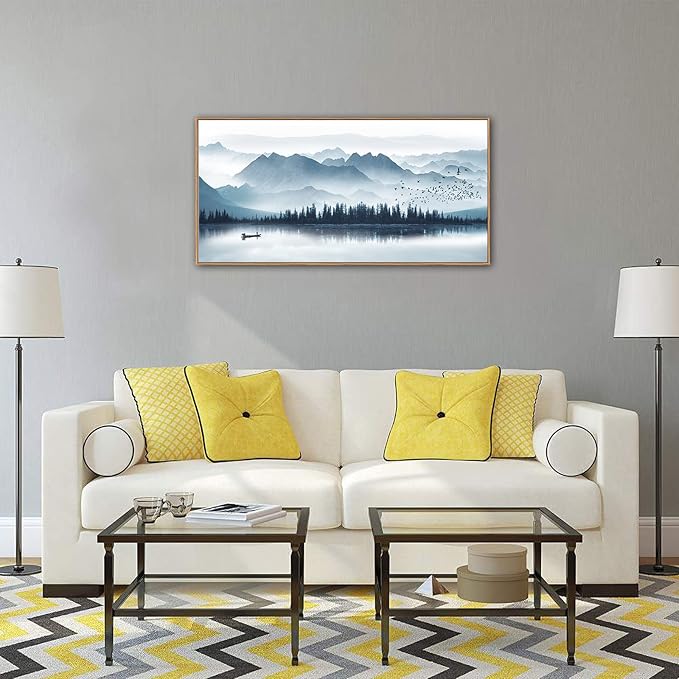 arteWOODS Indigo Framed Canvas Wall Art Misty Mountain Wall Pictures Foggy Lake Boat Painting Prints Forest Birds Artwork Wall Decor for Living Room Bedroom Decorations Framed 20" x 40" Natural