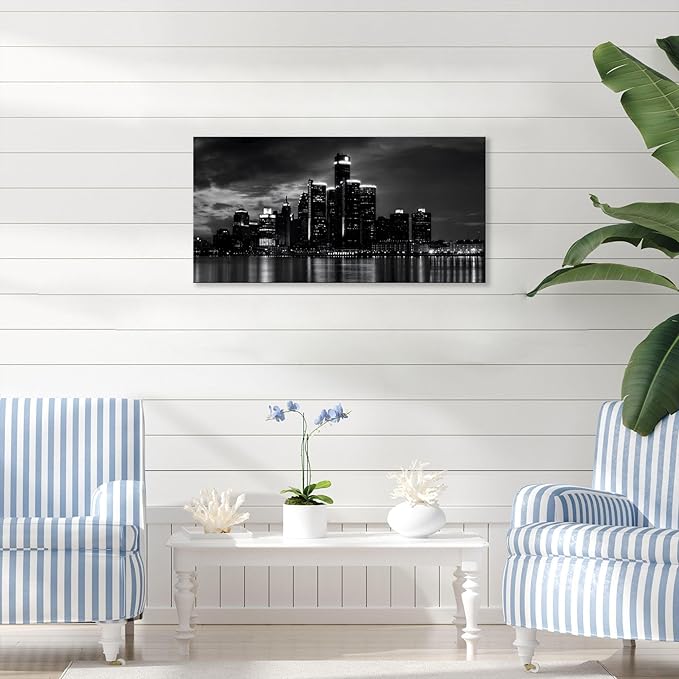 NAN Wind Detroit Skyline Canvas Wall Art Cityscape Night Scene Black & White City Art Print on Canvas Modern Giclee Framed Painting for Room Decor Home Decor Detroit Skyline Picture Prints
