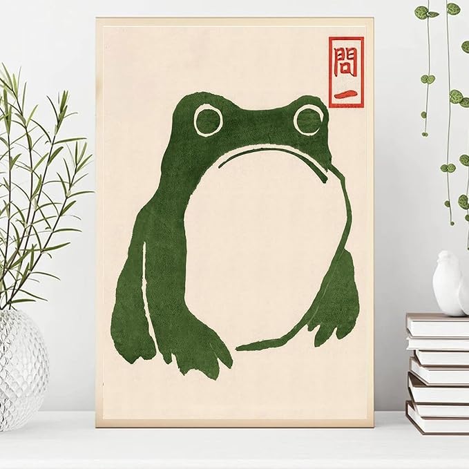 OZCONO Japanese Frog Wall Art Print, Green Toad Woodblock Style, Unframed Gallery Quality Giclée (11L x 9W)