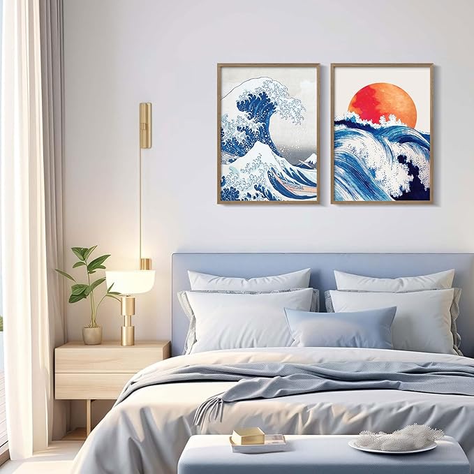 2Pcs Framed Canvas Wall Art Japanese Wave and Red Sun Poster Prints Hokusai Inspired Ocean Picture Traditional Ukiyo-e Gallery Decor Living Room Bedroom Office Apartment 16X24 Inch Ready to Hang