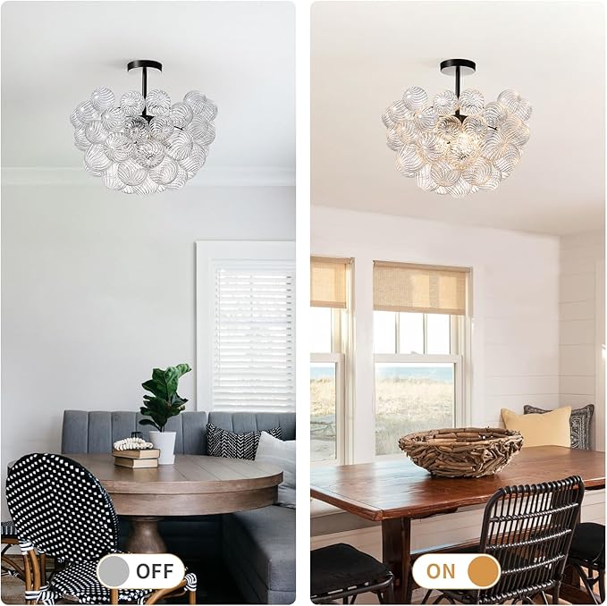 Bubble Ball Semi Flush Mount Ceiling Light Fixture,Dia 20 Inch Bubble Close to Ceiling Light Fixtures,Black Glass Crystal Semi Flush Light Fixture