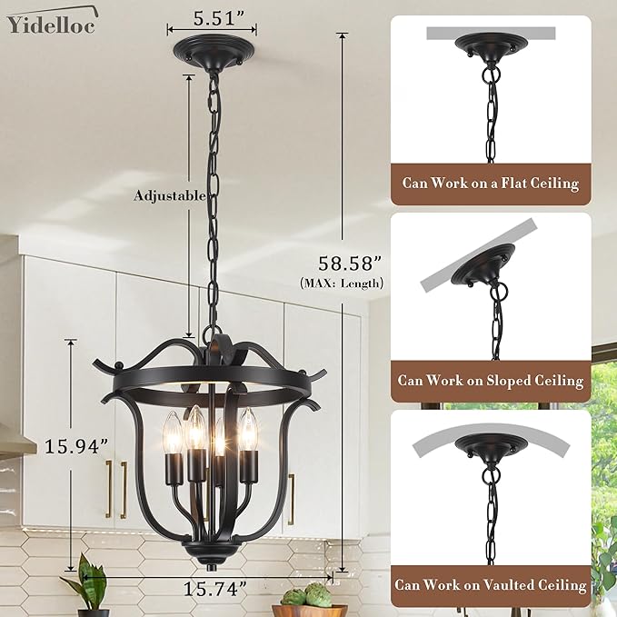 Black Chandelier Farmhouse Cage Pendant Light E12 4 Light Ceiling Light Fixtures Vintage Chandeliers for Dining Room Kitchen Entryway Hallway Foyer
