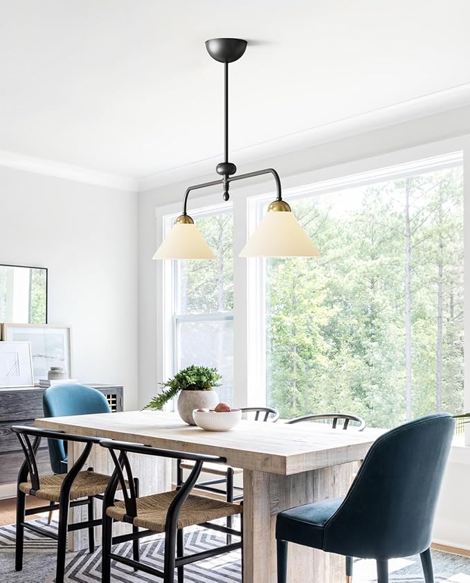 Linear Chandelier, Modern Chandelier for Dining Room Light Fixture, Dining Light Fixtures with Milk Glass Shade Pendant Lights Kitchen Island for Restaurant, Living Room (Black, 2-Lights)