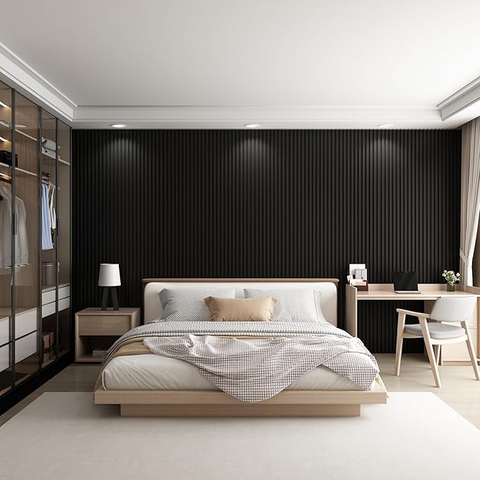 8-Pack WPC Wall Panels 108’’ x 6.1’’ 3D Slat Wall Panel Acoustic Wall Paneling for Interior Wall Decor TV Background Kitchen Bedroom Black