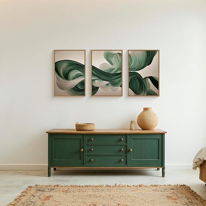 KAIRNE Green Abstract Wall Art Set of 3, Minimalist Green Lines Wall Decor, Modern Flowing Texture Painting for Living Room, Bedroom, Office, Framed Easy to Hang 24x36 Inches