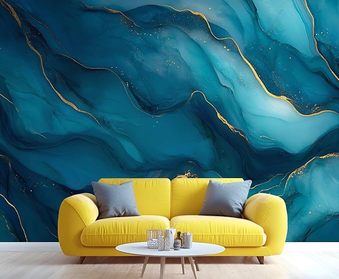 Blue Gold Marble Mural Wallpaper, Modern Fashion Marble Murals, Abstract 3D Gold Texture Murals, Wallpaper for Living Room Bedroom Boy Girl Room Home Decor Mural (Not Peel Stick)