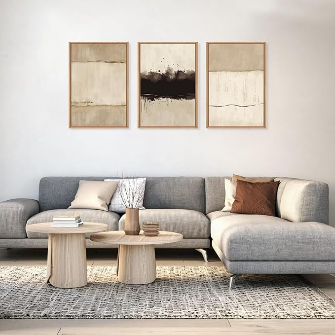 Ausril Large Neutral Textured Framed Canvas Wall Art Set, Minimalist Beige Shapes Wall Decor, Abstract Grunge Landscape Wall Painting, Modern Textured Art Prints for Living Room, Bedroom 24"x36"x3