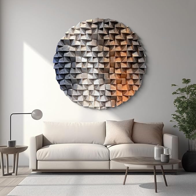 LIUZEYUE - 3D wooden block painting gradient coffee white art background wall wooden block abstract geometric wall decoration living room/bedroom/office modern minimalist style decoration Diameter 23.6"