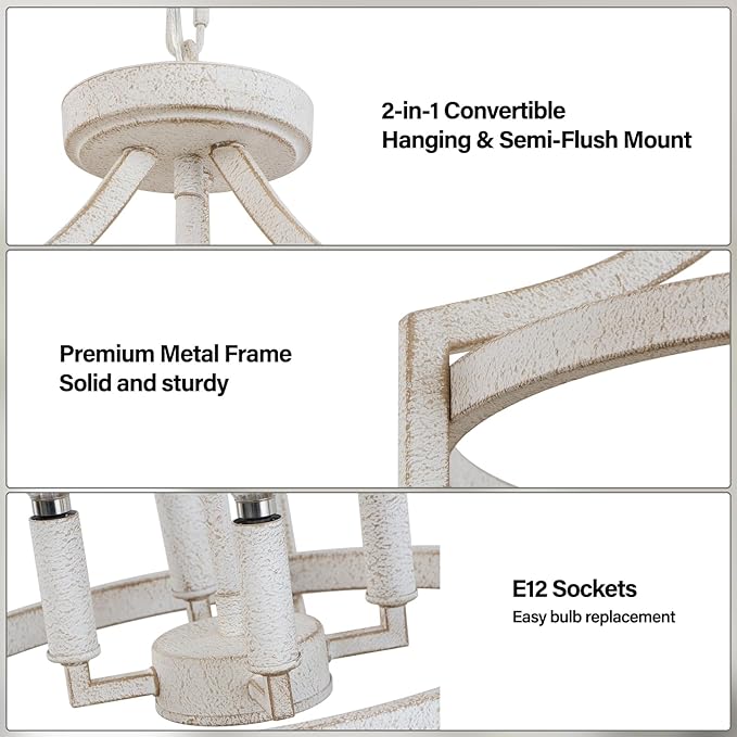 4-Light Farmhouse Chandelier, Distressed Hanging Pendant Lighting, Convertible Semi Flush Mount Ceiling Light Fixture Vintage White Metal Chandeliers for Dining Room Kitchen Foyer Entryway