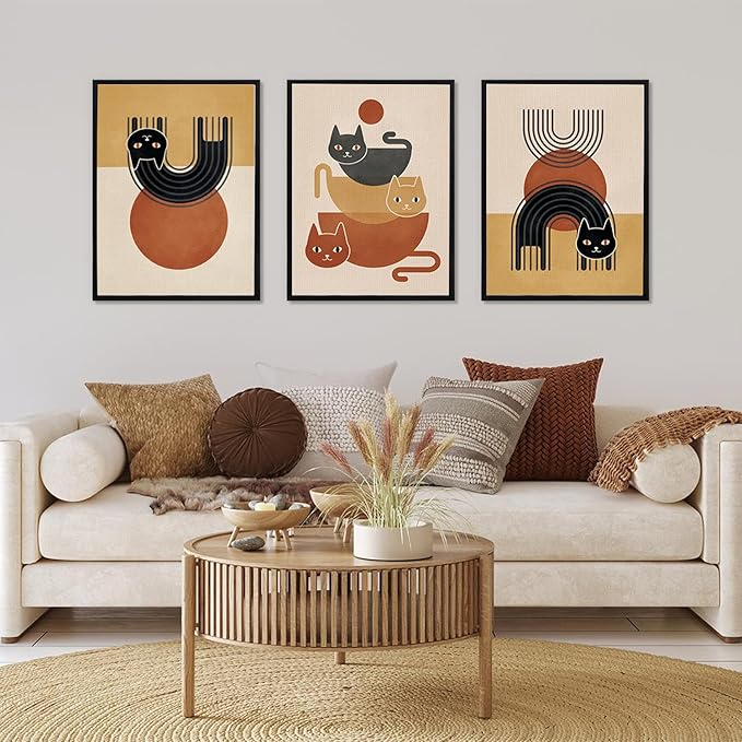 LHIUEM Boho Cats Wall Decor Black Cat Vintage Canvas Wall Art(12”X16”) Midcentury Modern Wall Decor MCM Cats Abstract Wall Art Gifts for Cat Lovers Framed Bohemian Art Prints for Living Room Bedroom