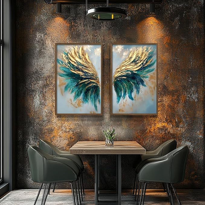2pcs Wood Framed Green Abstract Canvas Wall Art - Abstract Angel Wings Artwork - Modern Gold Blue Wings Prints Posters - Living Room Bedroom Decorative Paintings Gallery Style Wall Hanging Pictures