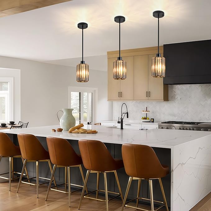 Modern Mini Crystal Pendant Lights Chandeliers Adjustable Sloped LED Hanging Ceiling Fixture Glass small Crystals for Kitchen Island Bathroom Living Room, Dining Room, Hallway, Bar 1PC (Black)