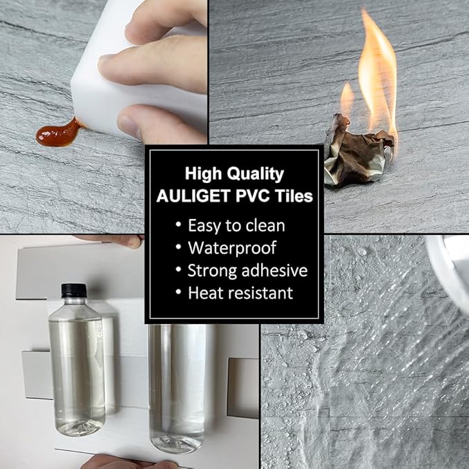 AULIGET 20-Piece Grey Shale Peel and Stick Backsplash Wall Tiles, 6" x 12" PVC Faux Stone Stick on Tiles for Backsplash Kitchen, Bathroom, Laundry Room, Camper, Fireplace