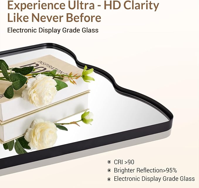 ANDY STAR Scalloped Mirror for Bathroom, 24x36 Inch Matte Black Butterfly Mirror for Living Room,Fireplace, Rustproof Stainless Steel Metal Frame, Hang Vertical or Horizontal