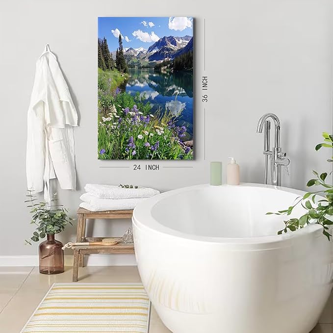 Large Mountain Wall Art Living Room Decor Lake Reflection Canvas Pictures Rocky Mountain National Park Poster Nature Wildflowers Landscape Colorado Mountains Paintings Artwork Home Decoration 24x36"