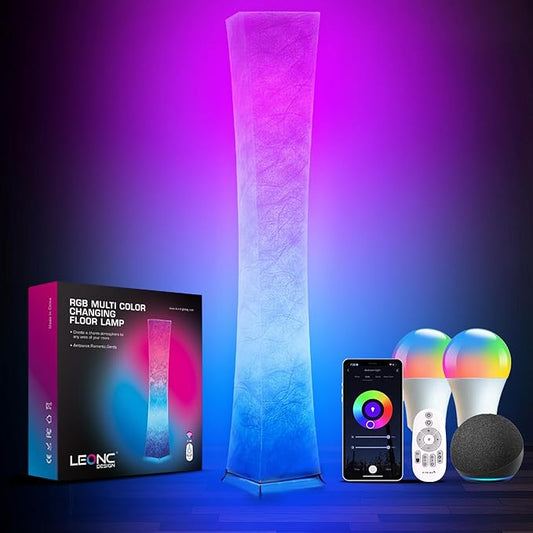 LEONC RGB+CCT Floor Lamp with Remote, 1800lm LED Tuya Smart 9W×2 Bulbs, 65" Smart Modern Floor Lamp with Alexa, Music Sync and 16 Million Colors, Color Changing Standing Lamp for Bedroom Living Room