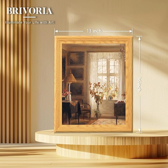 Brivoria Framed Canvas Wall Art Vintage Decor, Realistic Scandinavian Interior with Sunlit Window, Chair, Greenery and Autumn Light for Hallway Reading Nook Bathroom or Cozy Nature Display, 13"x16"