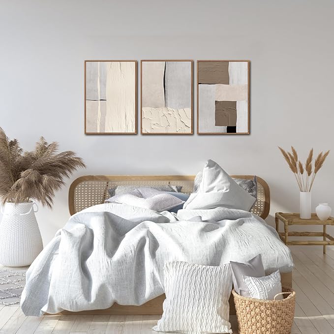 LHIUEM Abstract Neutral Framed Canvas Wall Art Set of 3(12”X16”) Mid Century Beige Textured Wall Decor Brown Wall Art Wood Framed Photography Gray Pictures Above Couch for Living Room Bedroom Office