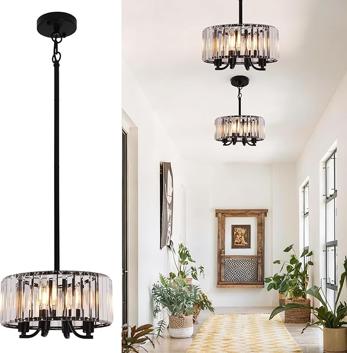 Black Crystal Chandelier, 4-Light Small Modern Semi Flush Mount Ceiling Chandelier Light Fixtures,Round Hanging Lighting Fixture for Bedroom Living Room Kitchen Hallway Entryway, E12 Base, 11.6 Inch