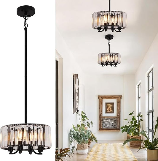 Black Crystal Chandelier, 4-Light Small Modern Semi Flush Mount Ceiling Chandelier Light Fixtures,Round Hanging Lighting Fixture for Bedroom Living Room Kitchen Hallway Entryway, E12 Base, 11.6 Inch