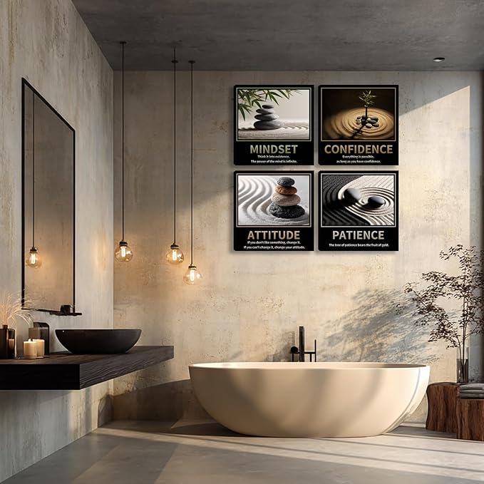 Kuiluuye Motivational Wall Decor Inspirational Zen Canvas Wall Art for Living Room Zen Stone Green Plant Picture for Office Workplace Painting Poster Artwork