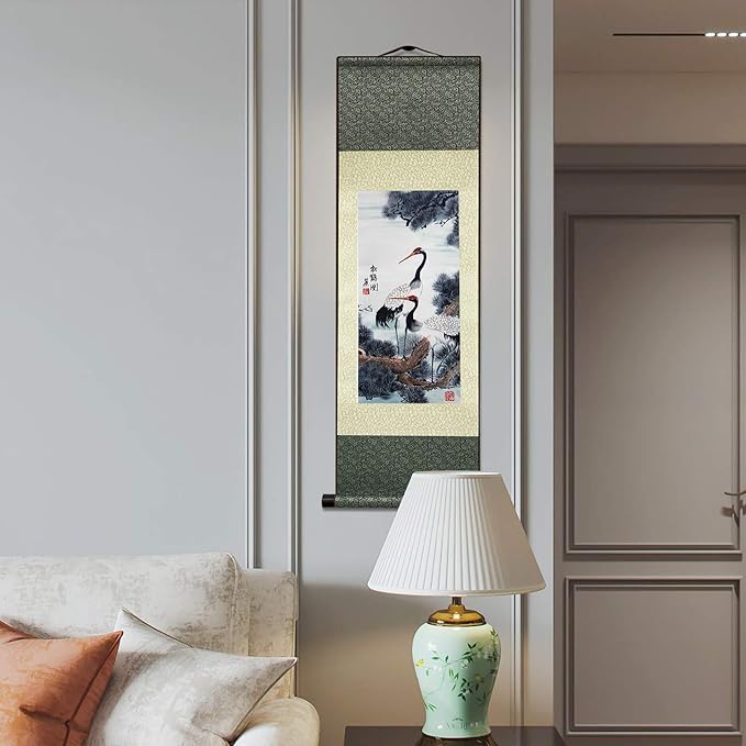 AtfArt Asian Wall Silk Scrolls Decor Beautiful Painting White Crane - Red Crowned Crane - Grus Japonensis Oriental Decor Chinese Art Wall Scroll Wall Hanging Painting Scroll (36.2x 12 in)