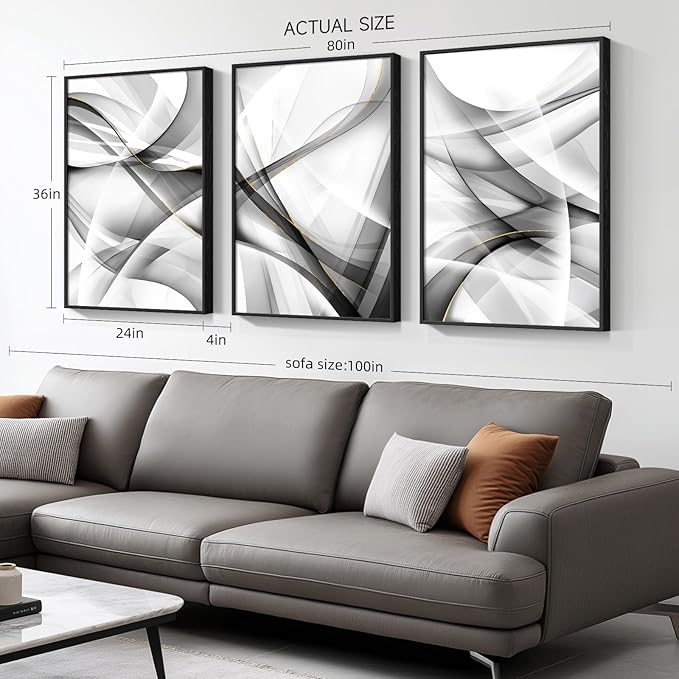 Large Framed Black and White Gold Abstract Lines Wall Art for Living Room, Set of 3 Piece Canvas Paintings Artwork for Walls, Modern Minimalist Lines Art Prints Pictures for Hallway Office Wall Decor 24x36 In
