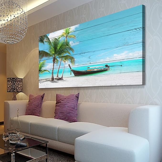 Beach Canvas Wall Art Seascape Pictures Home Decor Ocean Coconut Tree Sunset Poster Prints Paintings for Living Room Bathroom Bedroom Kitchen Office Decorations Natural Landscape Artwork 24x48inches