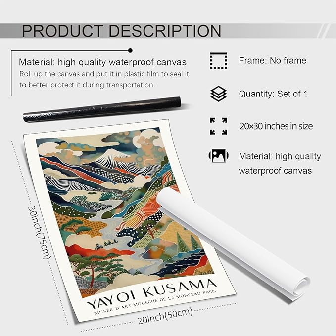 Japanese Canvas Wall Art Ya.yoi Kus.ama Mount Fuji Posters Asian Landscape Pictures Prints Modern Nature Mountain Artwork for Bathroom Living Room Bedroom Office Home Decor 20x30 inch Unframed