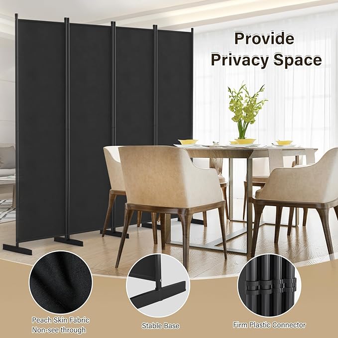 AKTOP Room Divider 4 Panel, 80" W Portable Wall Divider for Room Separation, Freestanding Partition Room Dividers, Folding Room Separators Privacy Screens for Home Office Bedroom, Black