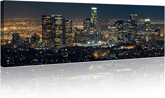 City Skyline Wall Art Cityscape Paintings Modern Decor Los Skyscrapers Night Scene Picture on Canvas for Home Decor Skyline at Dusk Landscape of City Night View Artwork for Living Room 12x46 Inch