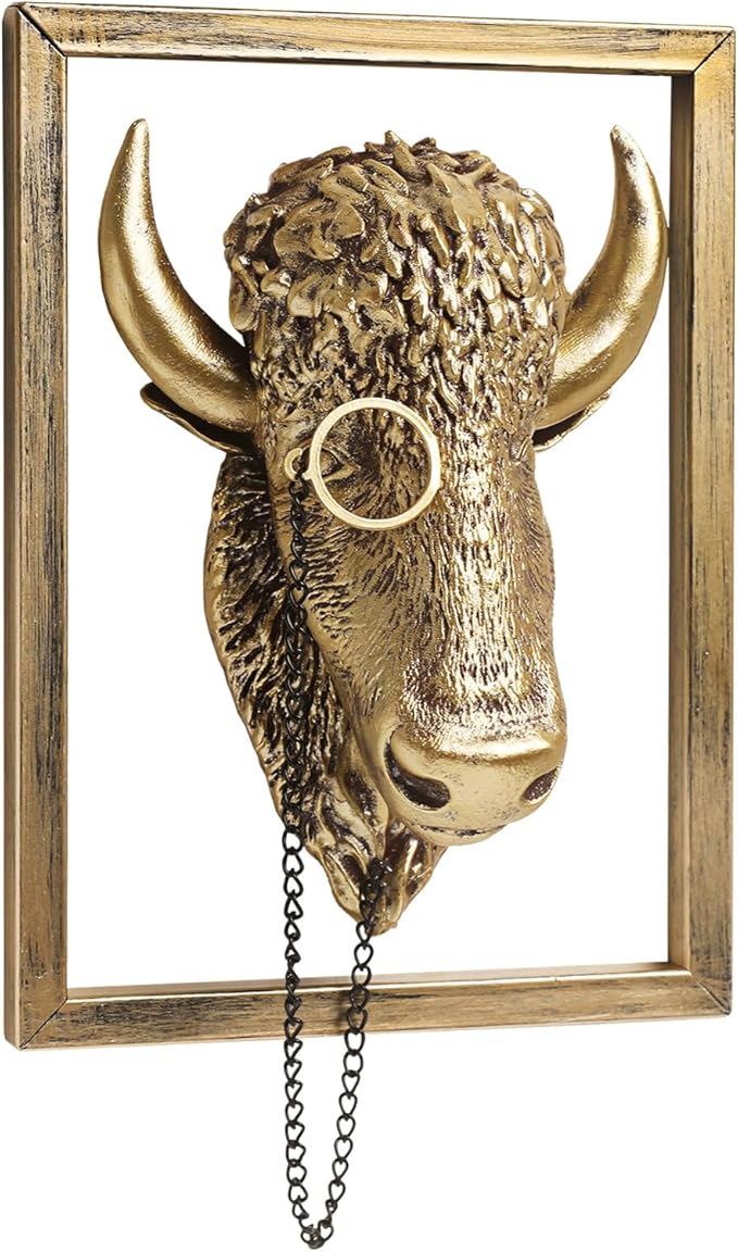 Newinhome Animal Heads Wall Decoration (Gift Metal Frame) Resin Animals Sculptures Head Wall Hanging Decor Gold vintage Wall Sculpture for Living Room Bedroom Office(Bull)