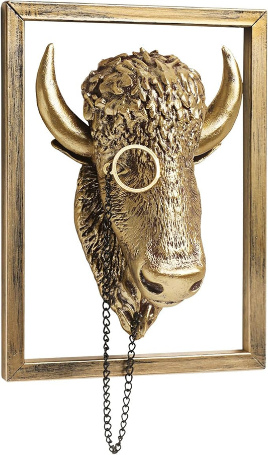 Newinhome Animal Heads Wall Decoration (Gift Metal Frame) Resin Animals Sculptures Head Wall Hanging Decor Gold vintage Wall Sculpture for Living Room Bedroom Office(Bull)