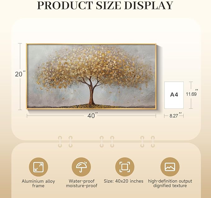 Large Framed Tree of Life Gold Wall Art, Large Canvas Prints Paintings Artwork for Walls, Modern Luxury Golden Big Tree Pictures for Living Room Fireplace Bedroom Kitchen Dining Room Office Wall Decor