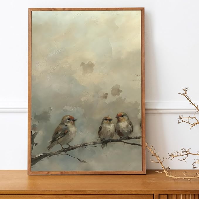 LHIUEM Large Cute Birds Framed Canvas Wall Art Set of 3(16X24in) Nature Inspired Bird Botanical Wall Decor,Big Vintage Branch Bird Painting,Natural Landscape Animal Art Prints for Living Room Bedroom