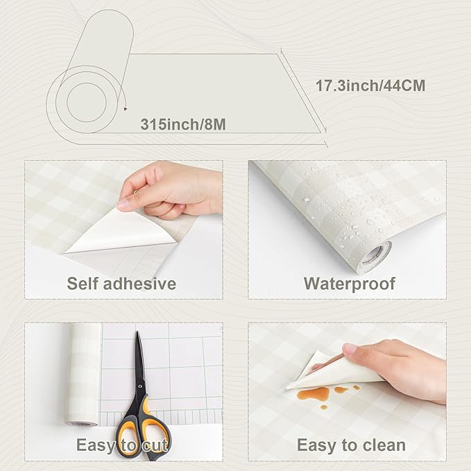 Cohoo Home Plaid Peel and Stick Wallpaper Boho Plaid Contact Paper for Cabinets 17.3inW 315inL Checkered Neutral Contact Paper Self Adhesive Removable Wallpaper for Bathroom NurseryWaterproof