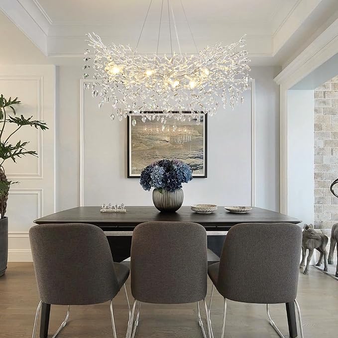 36inch Crystal Rectangle Chandelier for Dining Room, Silver Tree Branch Chandeliers Over Table, Top K9 Crystal Modern Chandeliers for Dining Table,Kitchen Island,Luxury Rectangular Chandelier