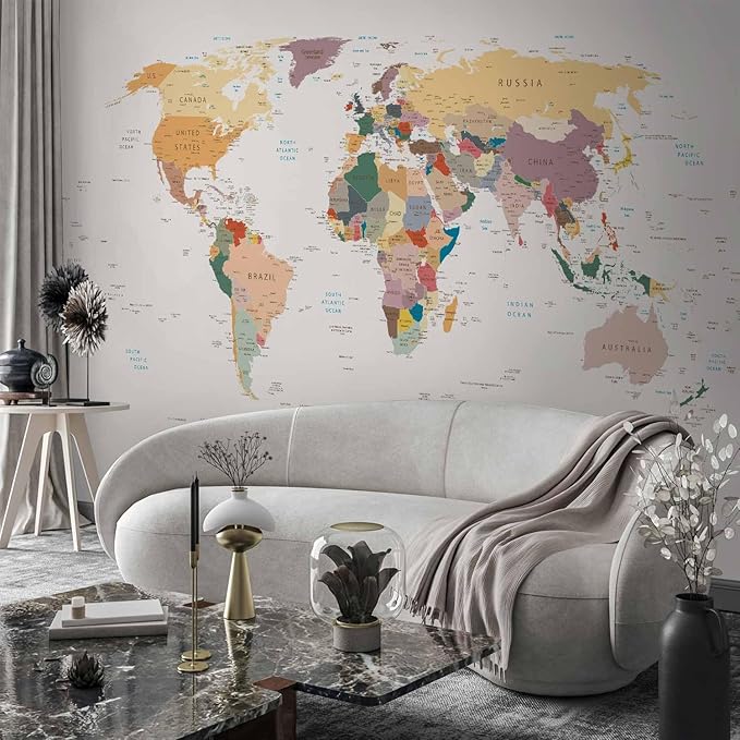 artgeist Premium Wall Mural World Map 138x101 in - XXL Non-Woven Wallpaper Fleece Wall Decor Photo Print Picture Image Design Home Map of The World k-B-0001-a-b
