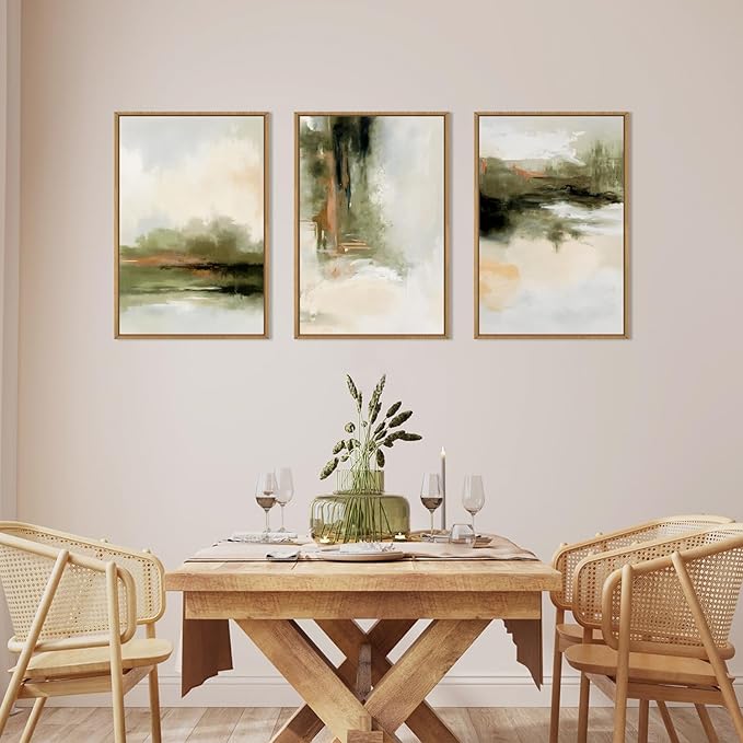 KAIRNE Green Abstract Neutral Framed Canvas Wall Art Set, Modern Watercolor Shapes Wall Decor, Minimalist Pastel Wall Painting, Brown, Gray Tan for Living Room, Bedroom, Office 24x36 Inch