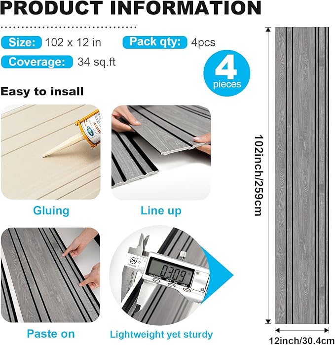Art3d 4-Pack Glue-On Wall Panels, Wood Grain Texture Interior Wall Decor, 104"x12" Recycled Polystyrene Wainscoting Panels, Low Emission for Living Room Bedroom, Earth Grey Oak