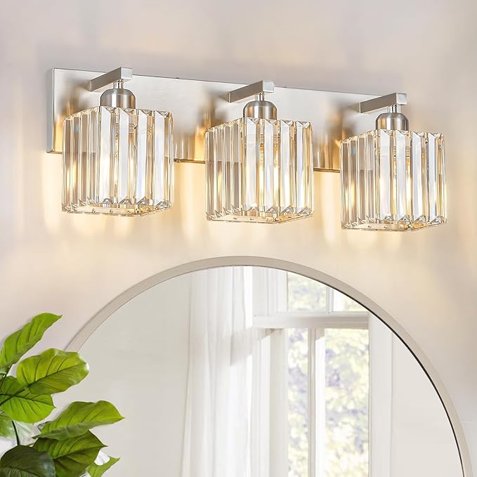 Modern Vanity Light 3-Lights Brushed Nickel Vanity Light Crystal Bathroom Wall Light Bathroom Light Fixtures
