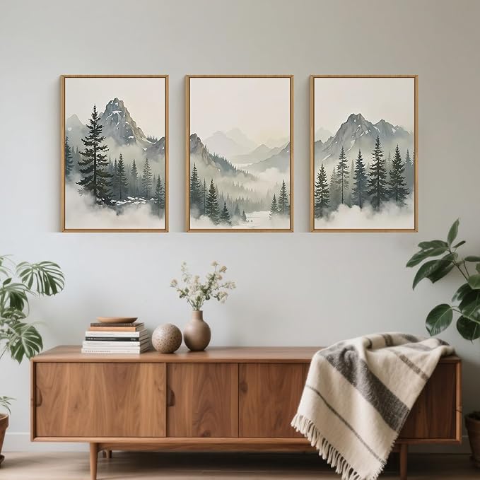 Large Nature Foggy Mountain Pine Trees Framed Canvas Wall Art, Misty Forest Landscape Wall Decor,Watercolor Woodland Scenery Artwork,Modern Art Print for Living Room, Bedroom, Office- 16"x24"x3